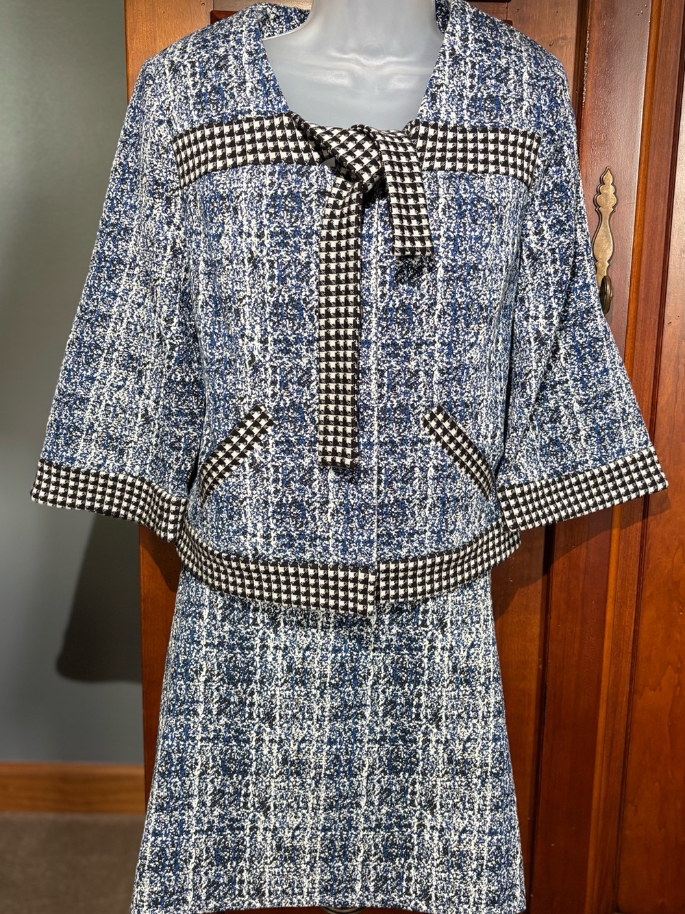 CAbi Blue, Black and White Suit with Houndstooth Trim